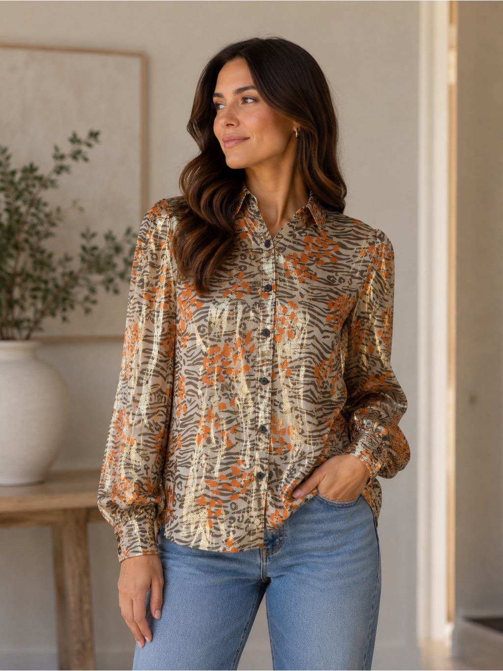 Marcell Vonberlin Metallic Long-Sleeve Button Front Shoulder Pad Blouse Nwt $370